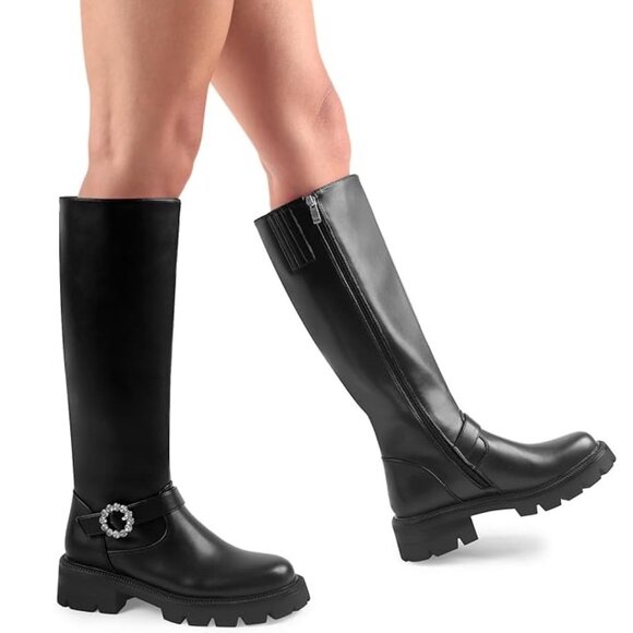 Oh Mispares Knee High Black & Rhinestone Chunky Heel Lug Sole Riding Boots 7 NEW - Picture 1 of 6